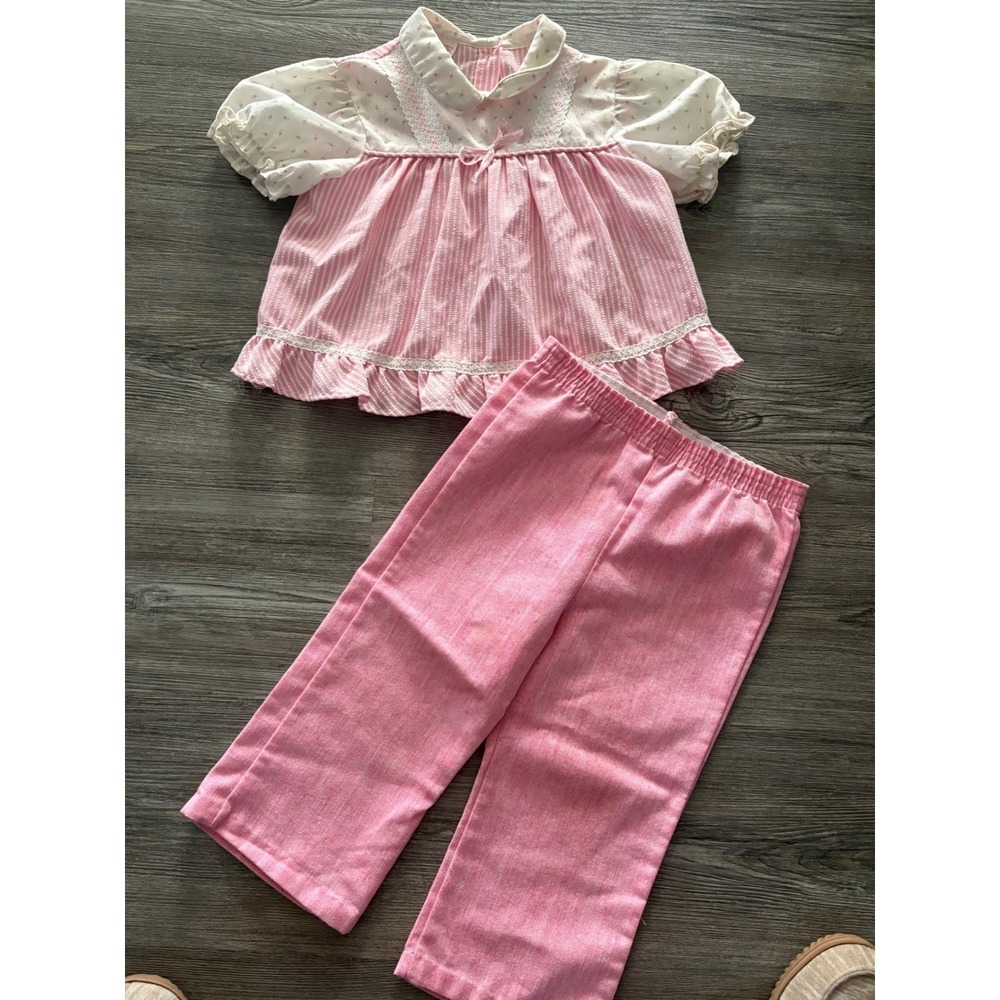 Sears Perma Prest Toddler Girl Pink Stripe Outfit Set Top Pants L